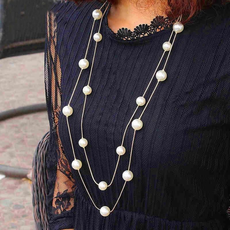 Womens Sweater Chain Double Simulation Pearl Beads Necklace Jewelry Accessories Gift MIT