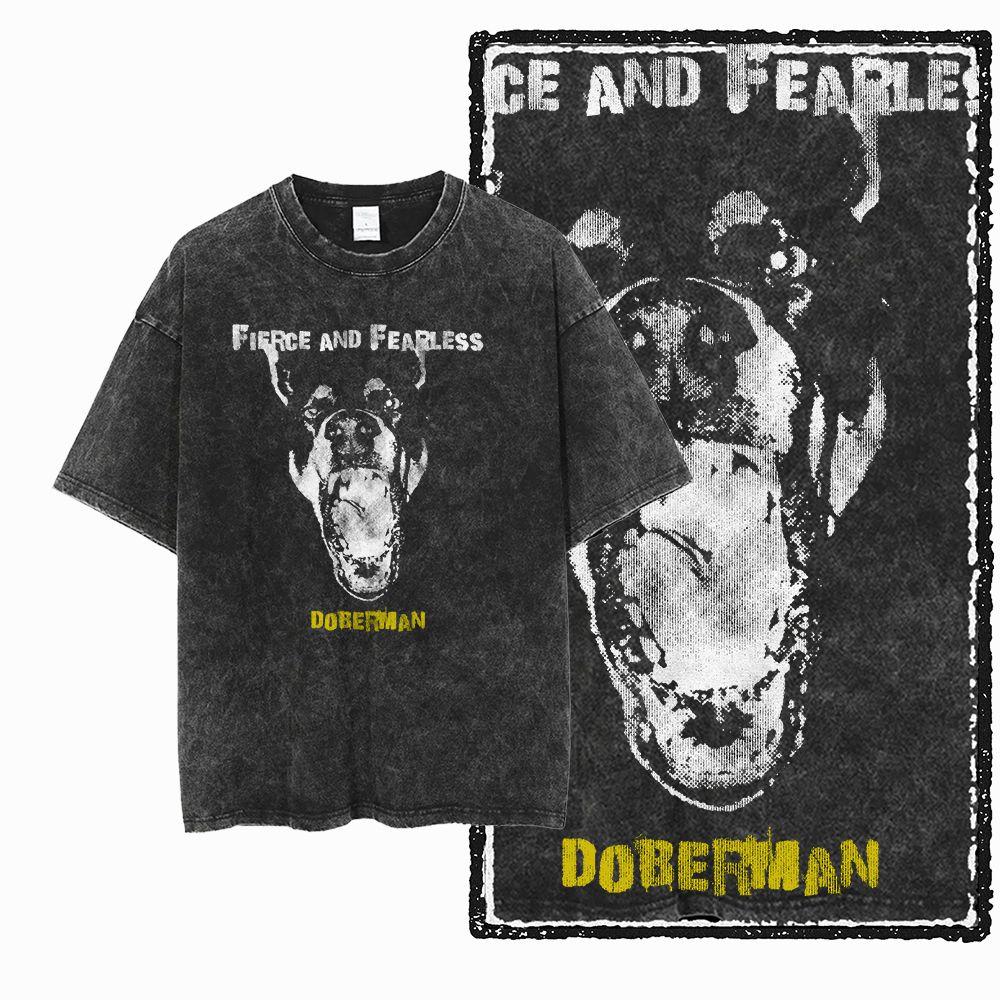 DoberUnisex Собака Винтажный Графический Принт Стирка Потертый Большой Размер Черный Хлопок Унисекс Ретро Футболка G
