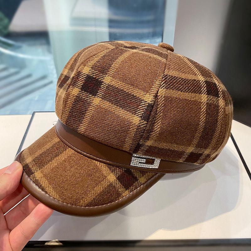 Женский зимний клетчатый шерстяной восьмиугольный берет