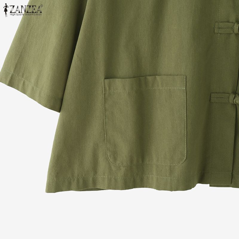 ZANZEA Женская летняя блузка из хлопка с отложным воротником, свободного кроя, с рукавом до локтя