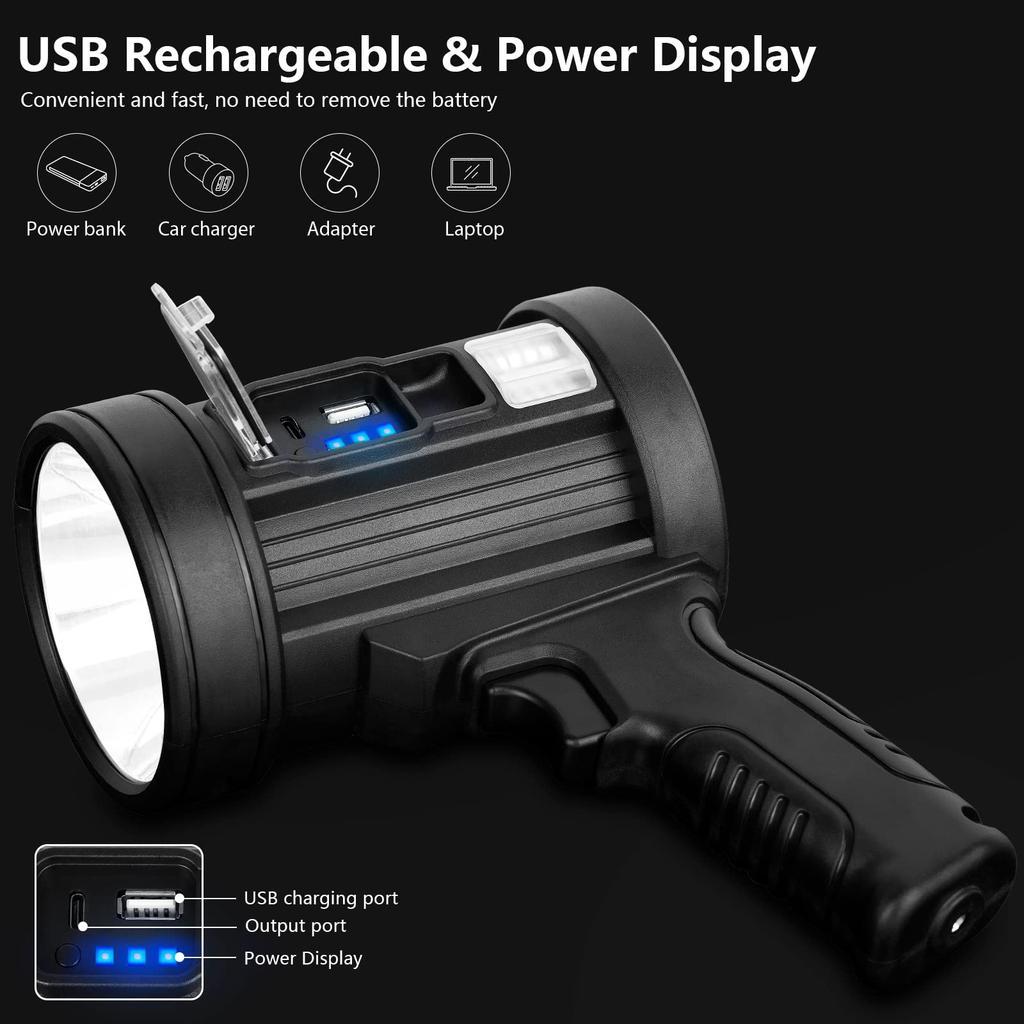 Rechargeable Spotlight, 1000,000 Lumens Handheld Hunting Flashlight Led Spot Light with Cob Light and Solar Panels for Camping