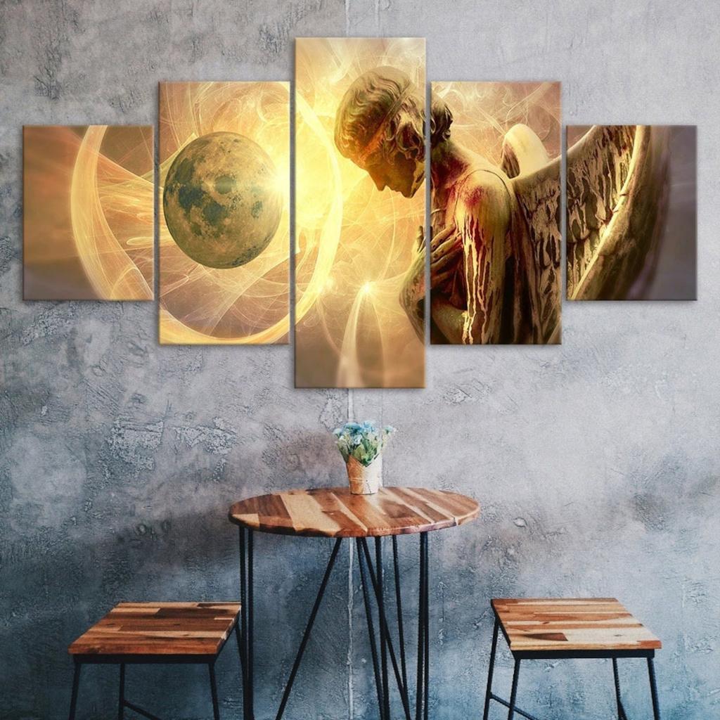 Angel Figure Love Full Moon Scene 5 Piece Five Panel Wall Canvas Print Modern Art Poster Picture Home Decor Gift For Him For Her