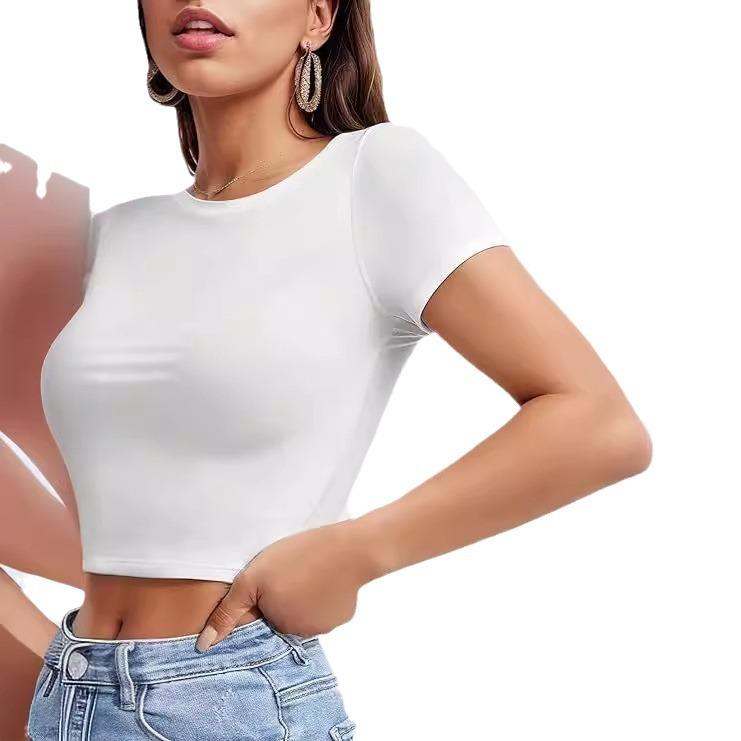 Женский укороченный топ с коротким рукавом и круглым вырезом, летние базовые футболки, облегающие, Y2K, топы для выхода, наряды