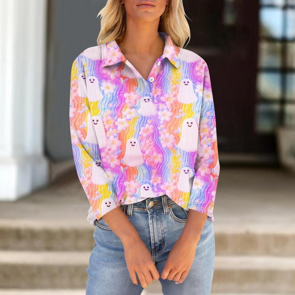 Women's Seven Quarter Sleeved T-shirt V-neck Button Up Shirt With Printed Loose Top For Halloween