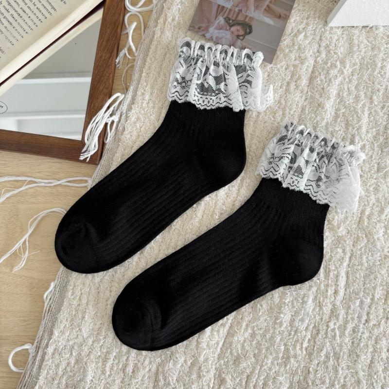 Retro Ballet-style Summer Pure Lace Fringed Pile Socks for Women, Thin Combed Cotton Versatile Short Socks