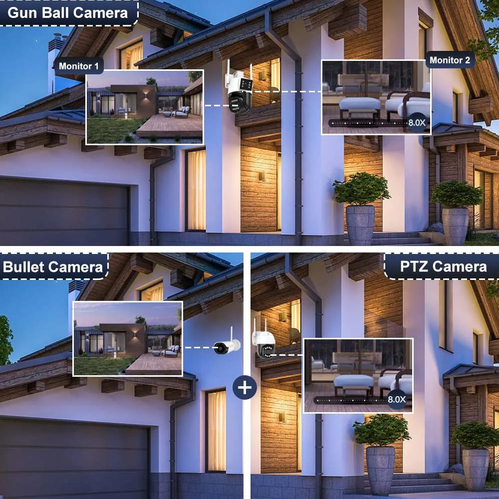 12-мегапиксельная 6K HD внешняя WiFi IP-камера для улицы с 8-кратным зумом, тремя объективами, двумя экранами, функцией автоматического слежения, защитой, видеонаблюдением, приложением iCSee