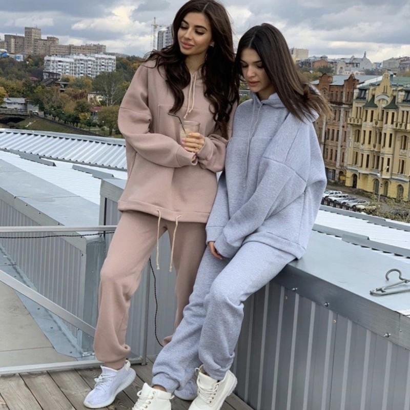 Womens Casual Solid Color Hoodie Pants Set Long Sleeve Loose Fit Daily Wear