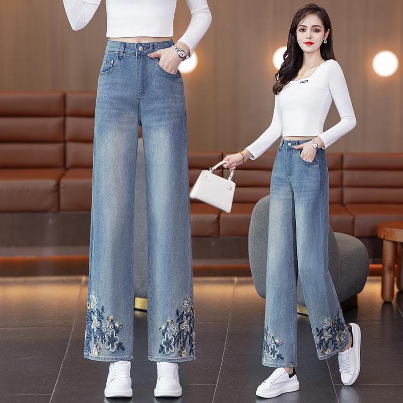 2025 Новые джинсы петит с вышивкой в китайском стиле с высокой посадкой и широкими штанинами
