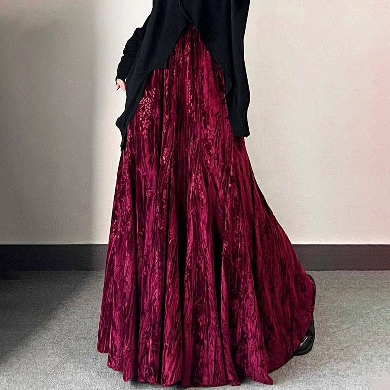 Ретро женская бархатная длинная юбка с принтом, осенне-зимняя теплая расклешенная А-силуэта