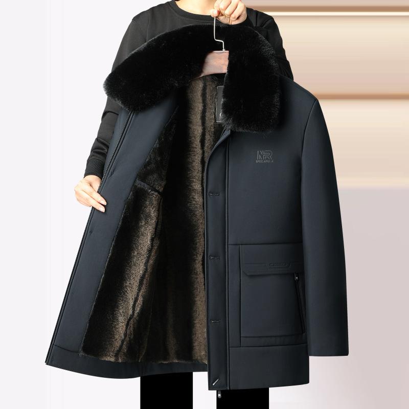 Мужское толстое пуховое пальто средней длины с меховым воротником - стильная хлопковая верхняя одежда для пап среднего и пожилого возраста
