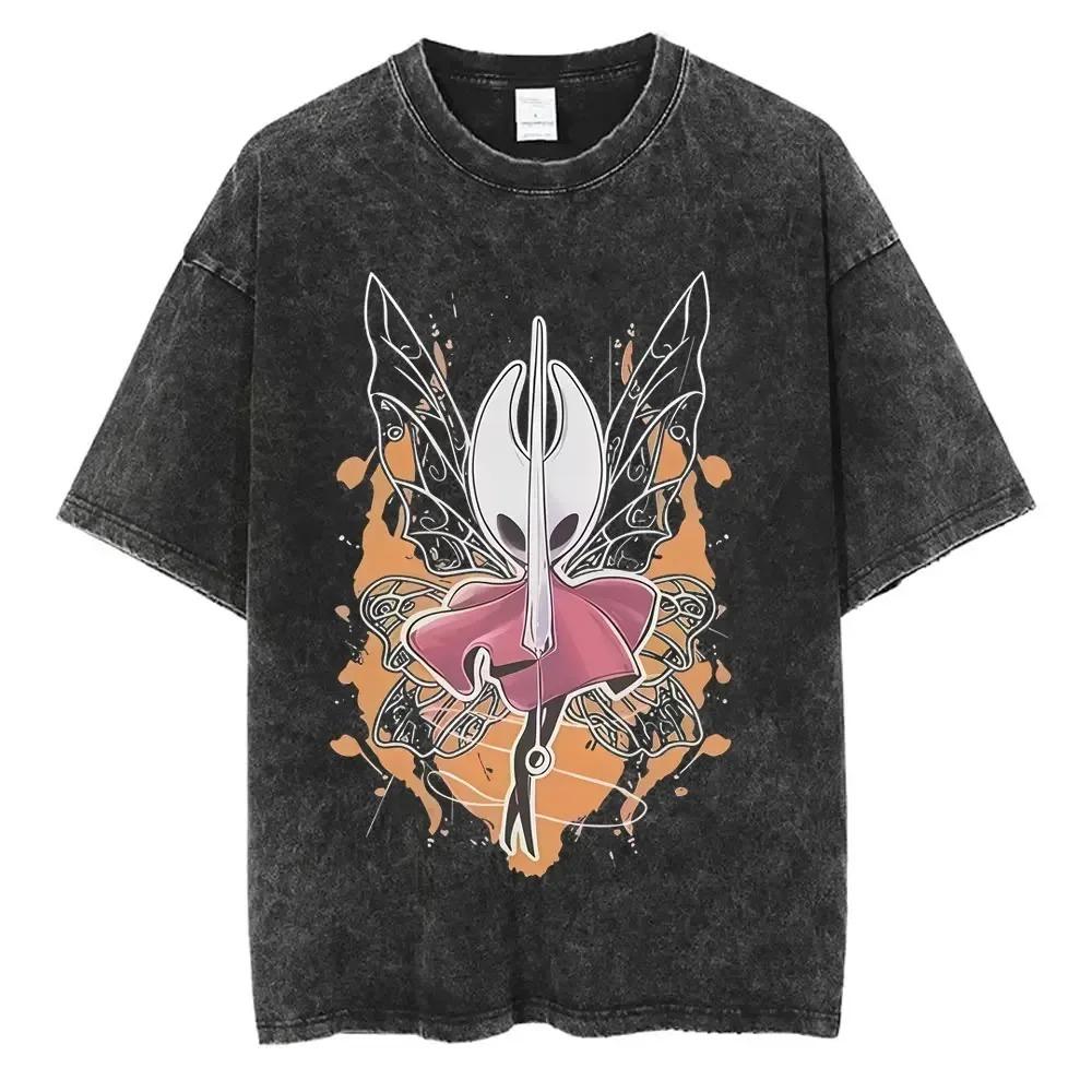 Hot Game Hollow Knight Graphic Print Tshirt Men Women Loose Casual Oversized Washed Vintage Cotton Tee Harajuku Streetwear Tops