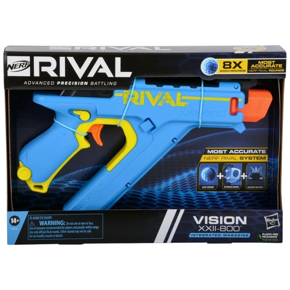 Бластер NERF Rival Vision XXII-800, самая точная система Rival, с регулируемыми прицельными приспособлениями и интегрированным магазином на 8 точных патронов Rival