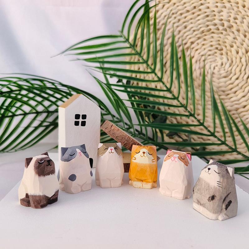 1PC Small Animal Creative Desktop Wood Cat DIY Decoration Crafts Handmade Wood Carving Kitten Ornaments