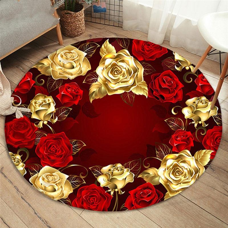 Golden Rose Pattern Circular Floor Mat Kitchen Hallway Carpet Bedroom Living Room Bedroom Soft Carpet Non-slip Carpet Home Decor