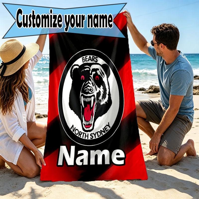 Custom Name Personalized North Sydney Bears Print Beach Towel, for Trip Camping Beach Party Home Decor, Birthday Gift for Family & Friends