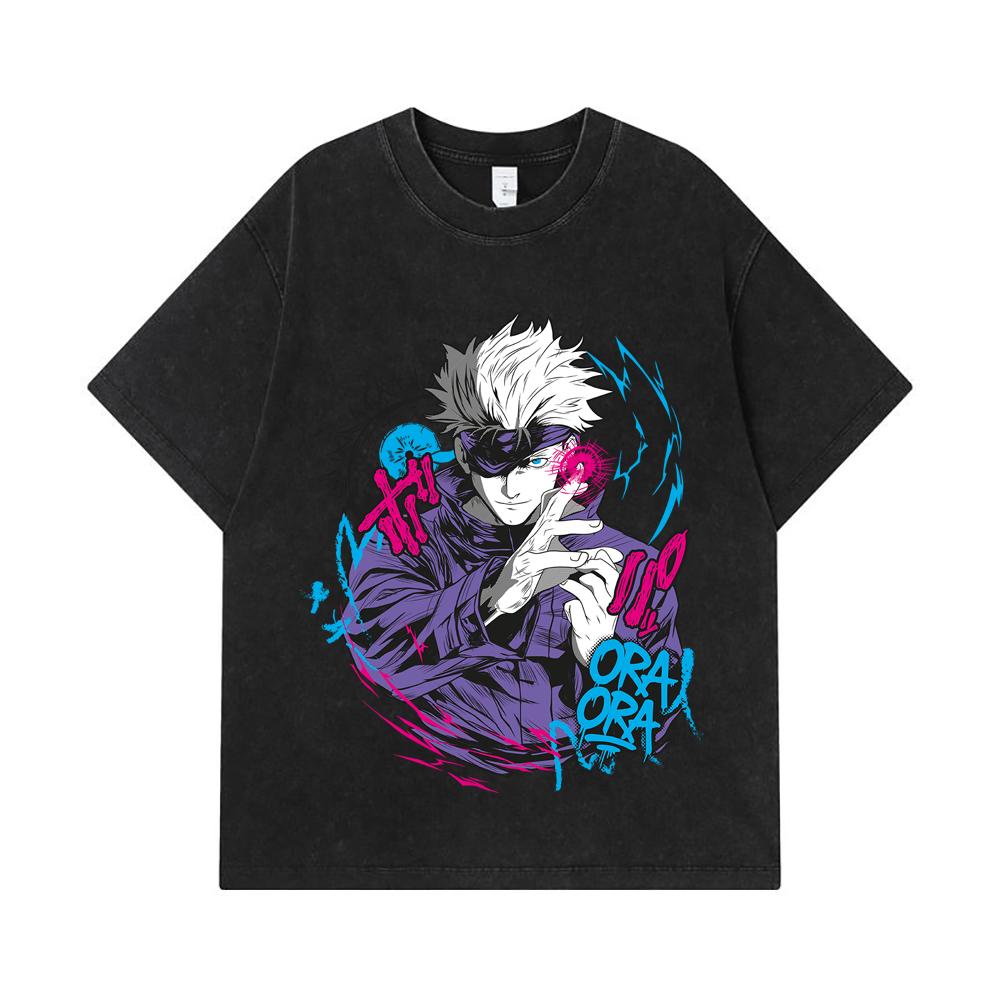 275 GSM Washed T-shirts 100% Cotton Jujutsu Kaisen V59 Gojo Print Unisex Heavy Cotton T Shirt