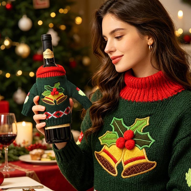 New Christmas Knitted Wine Bottle Cover Creative Red Wine Cover Decorative Clothes Champagne Bottle Cover Party Table Wine Cover
