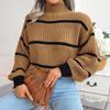 Повседневный полосатый свитер, женский свободный вязаный топ с рукавами-фонариками, полуводолазка