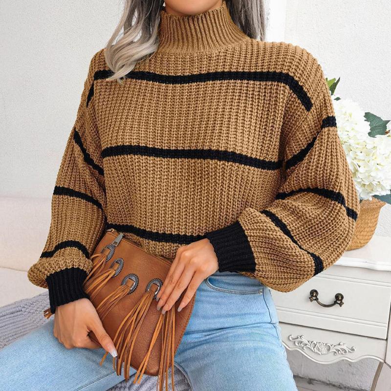 Повседневный полосатый свитер, женский свободный вязаный топ с рукавами-фонариками, полуводолазка