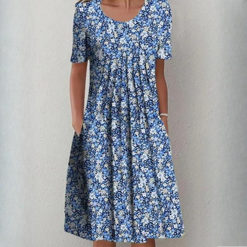 Женская мода лето весна однотонный принт с коротким рукавом и круглым вырезом с высокой талией повседневные платья