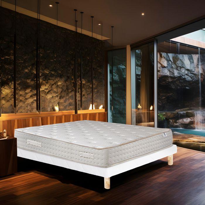Ensemble Matelas 140x190 cm, Purlux, 26 cm, mousse mémoire de forme, ferme, face été/hiver + sommier blanc ep 13cm