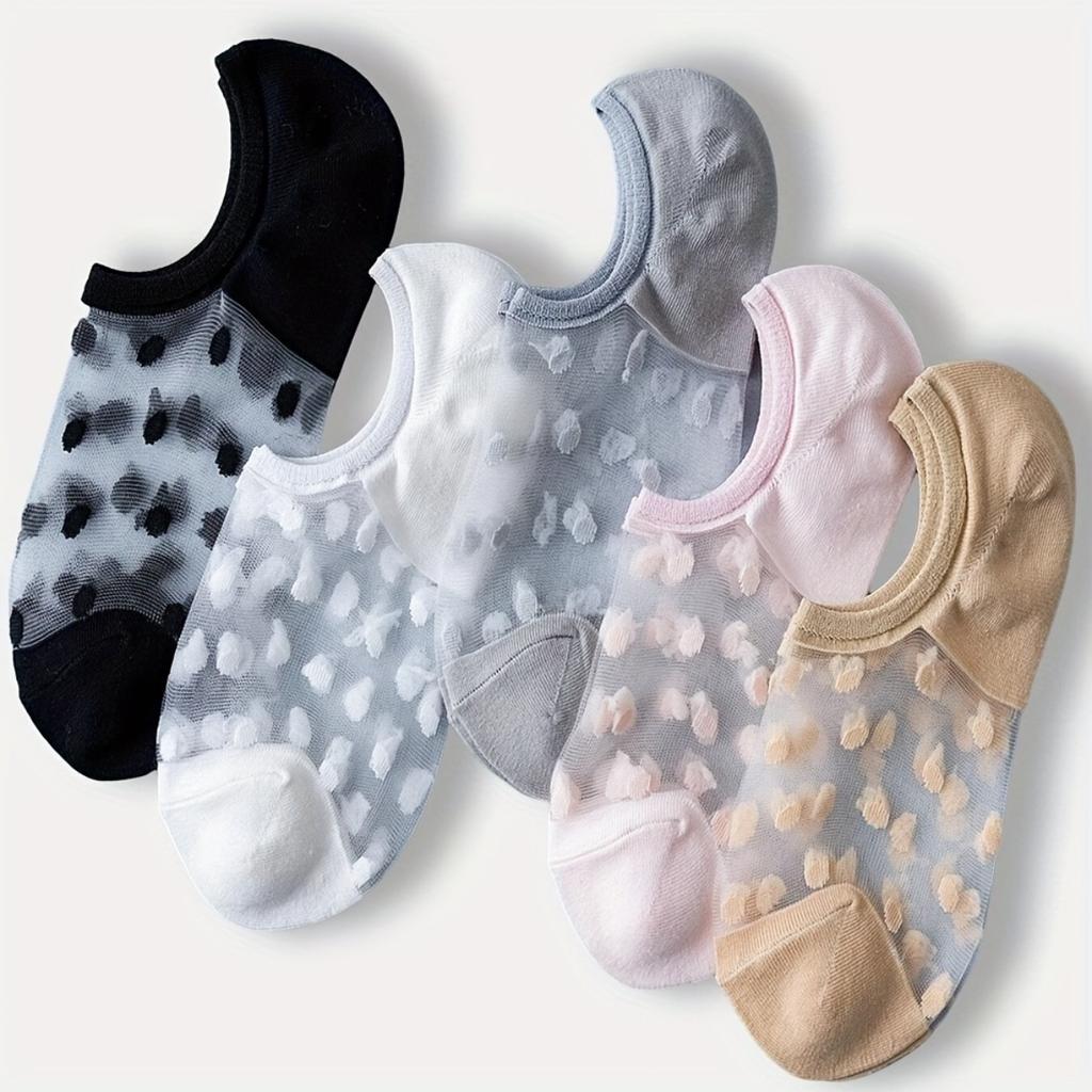5 Pairs of Swiss Dot Invisible Socks, Comfortable and Breathable Low Cut Boat Socks, Women's Stockings and Socks