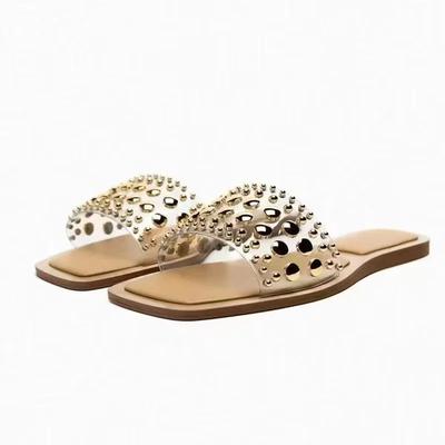 Мода 2025 Лето Женская обувь ПВХ Прозрачные Клепки Повседневные Плоские С Открытым Носком Пляжные Шлепанцы Тренд Дизайнерский Бренд Большой Размер Женские Тапочки