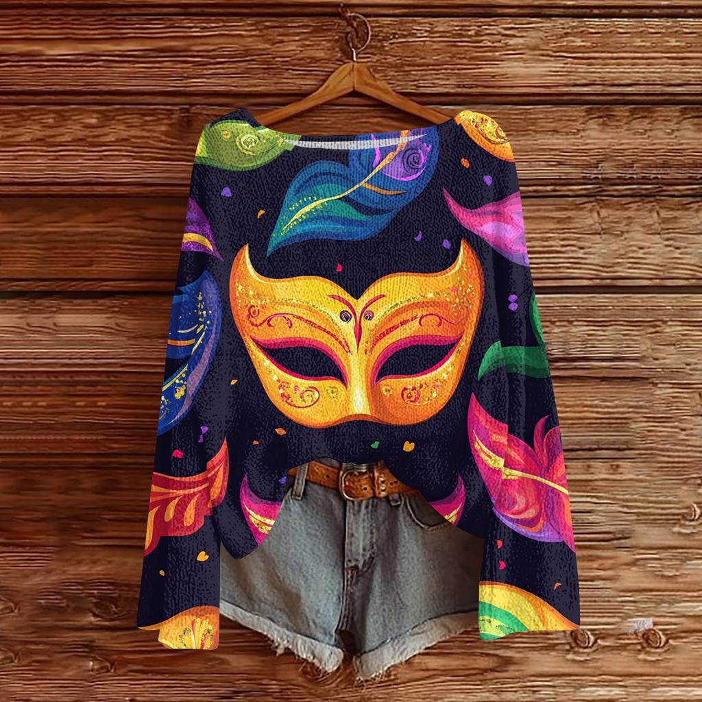 Женский повседневный модный топ с круглым вырезом, с карнавальным принтом, с длинным рукавом, вязаный пуловер