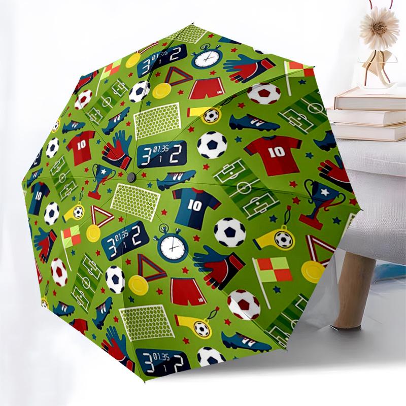 Soccer-themed Sports Equipment Set with Automatic Opening Umbrella, Portable Tri-fold Design, 8-Bone Iron Frame, Outdoor Rain Gear, Ideal Gi