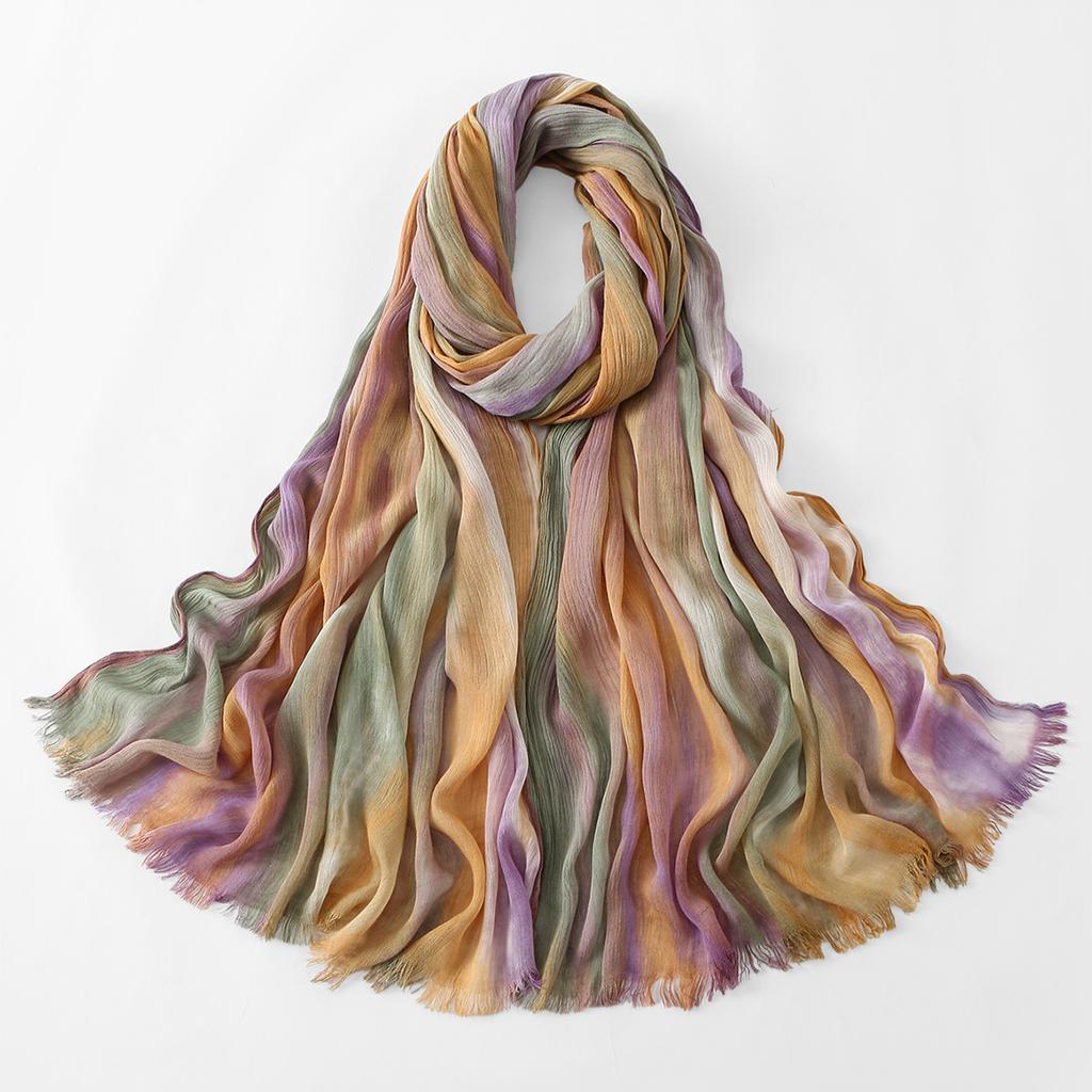 Женский хиджаб-шарф с tie-dye омбре и мятой фактурой из хлопка, ройона, модала. Цветной с кисточками. Для мусульман. Рамадан. Исламский. С бахромой.