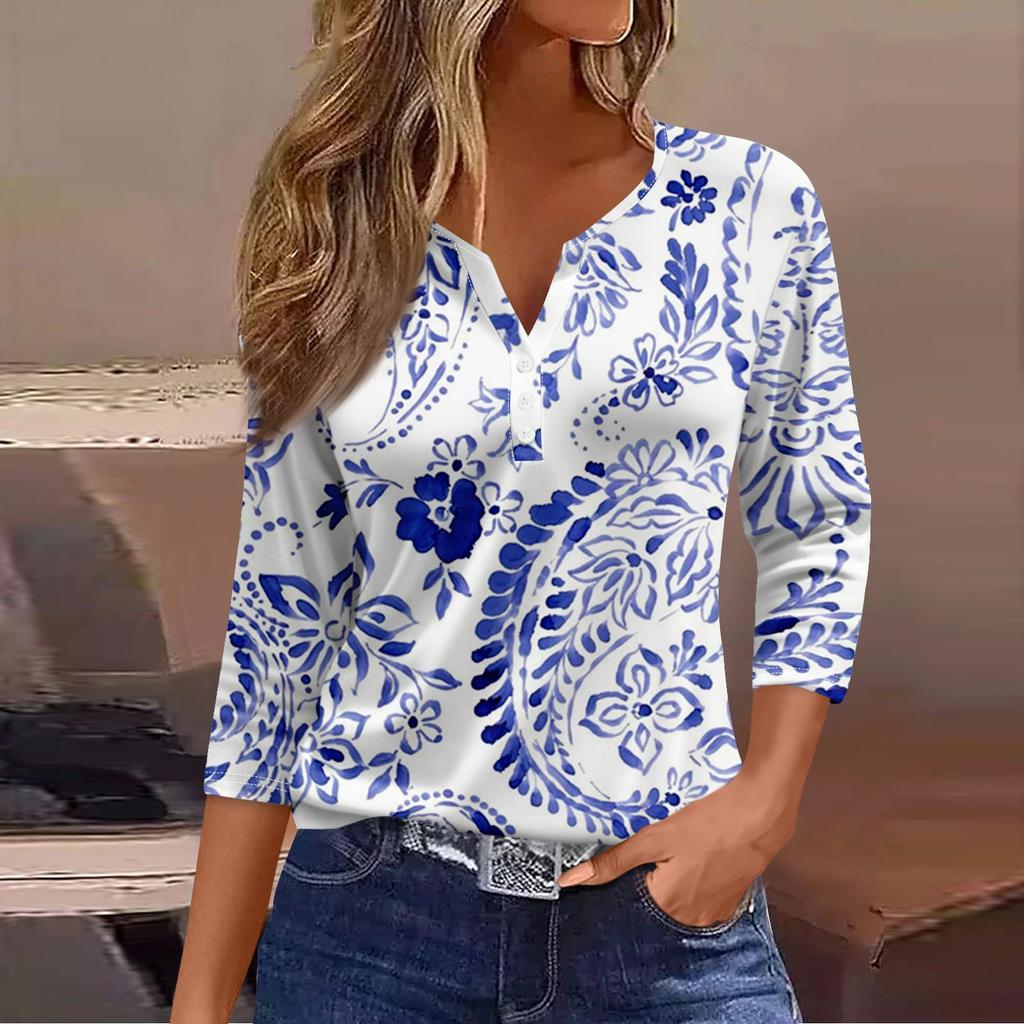 Жен. Футболка Футболка С принтом Пуговицы Рукав 3/4 Повседневные Выходные Мода Классический V-образный вырез Обычный Топ