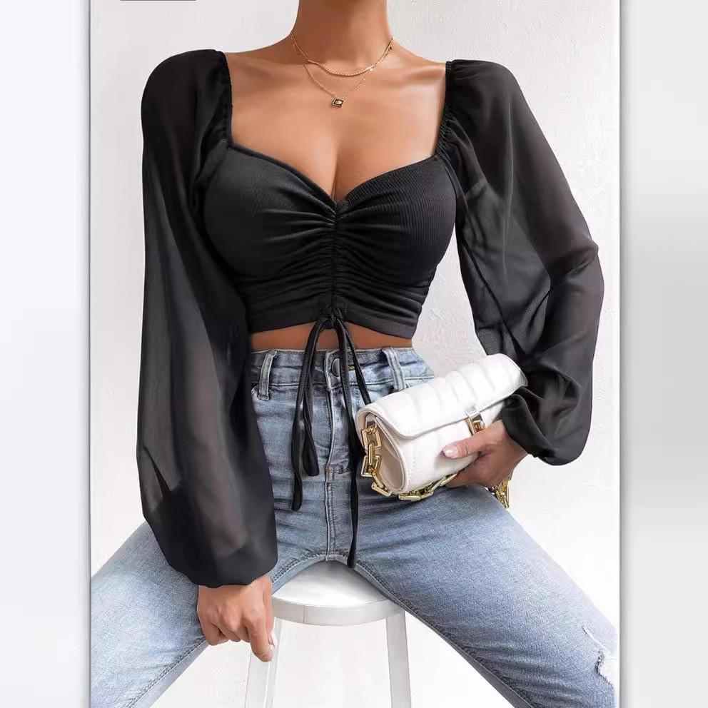 Chiffon Drawstring Lantern Sleeve Blouse With Slim Fit For Fashion Women 2024 Spring