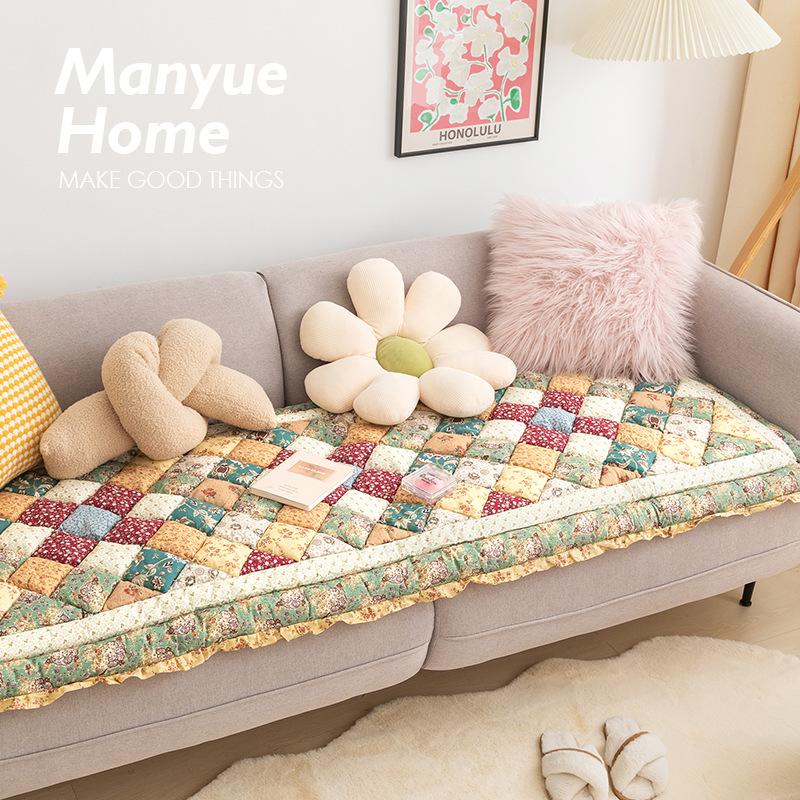 Retro Sofa Cushion Living Room Sofa Cover Pastoral Style Four Seasons Universal Anti Slip Sofa Mat Handmade Cotton Couch Cushion
