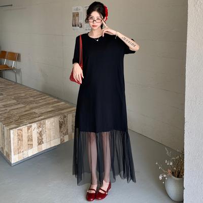 Женское черное платье большого размера 2025 Лето Винтажное платье Базовое кружевное платье с длинным рукавом Повседневное свободное платье