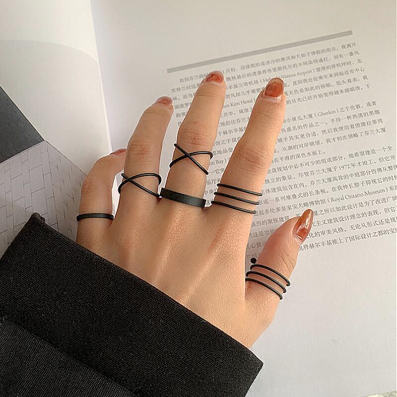 Punk YinYang Ring Set for Women Gothic Black Heart Butterfly Vintage Ghost Silver Color  Plated Retro Rhinestone Finger Jewelry