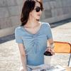 Pure Lust Style V-neck Drawstring Design Korean Style Short High-waisted Women's Short-sleeved T-shirt Fashionable and Versatile Women's Top