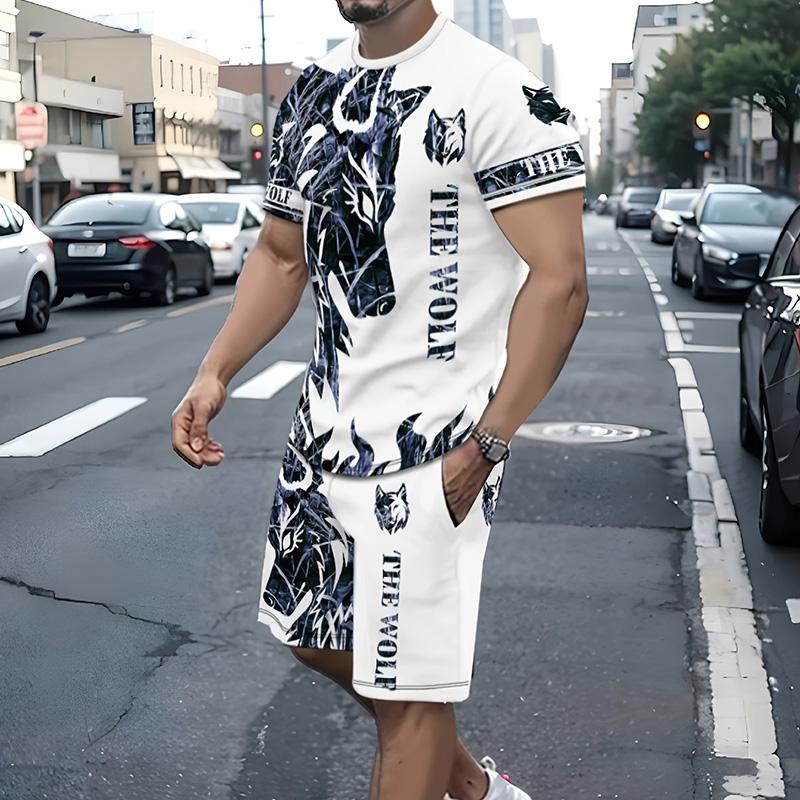 Мужской костюм, летний повседневный дышащий освежающий костюм с принтом 3D волка, свободный мужской топ, модный, короткие рукава