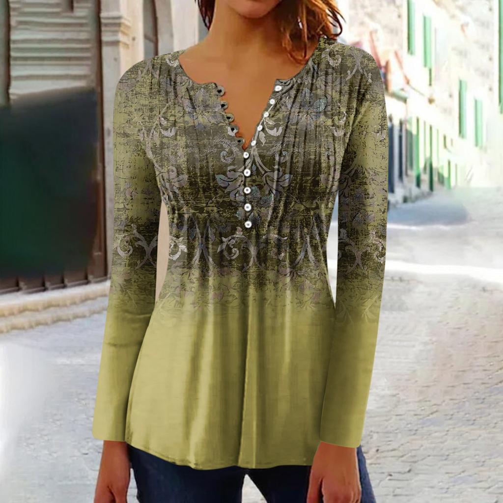 Women's Printed Button Collar Pleated Printed Long Sleeves Holiday Basics Tunic Slim Tops Printed Ethnic Tops T-Shirts V Neck Pullover Tops Pullovers