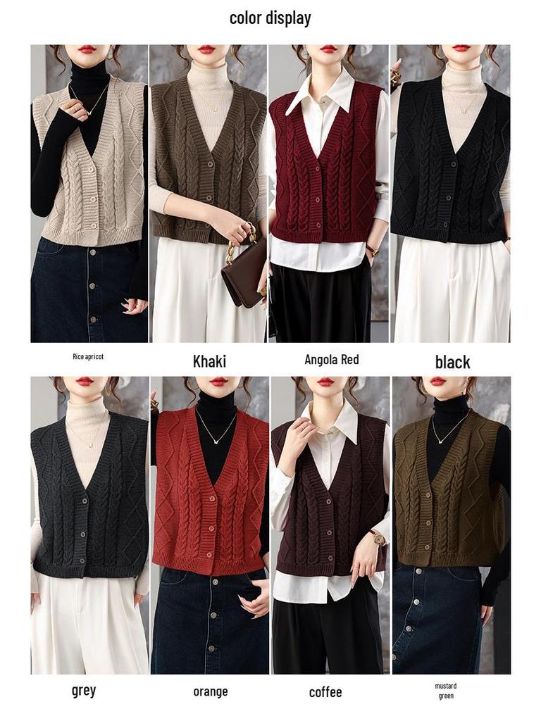 Women's Loose Wool V-Neck Sleeveless Sweater Vest for Autumn & Spring
