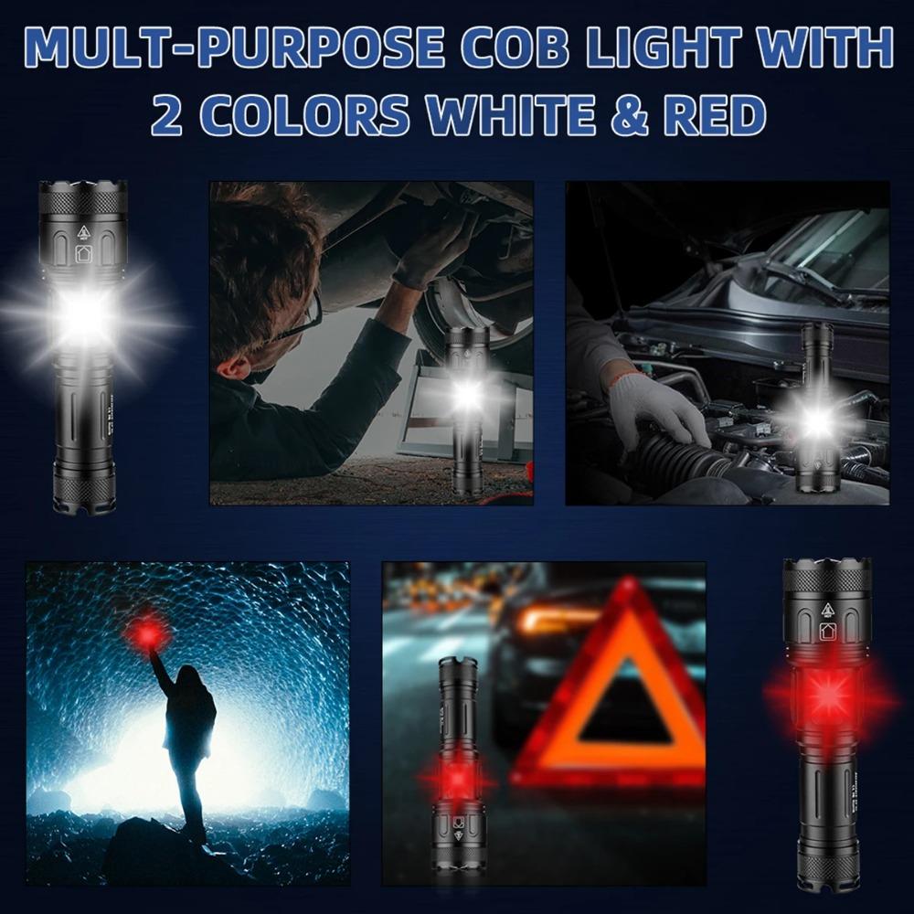 12000LM XHP160 LED+COB White/red Light Outdoor  Strong Lamp Flashlight USB-C Charging Aluminum Alloy with Side Lights LED Torch