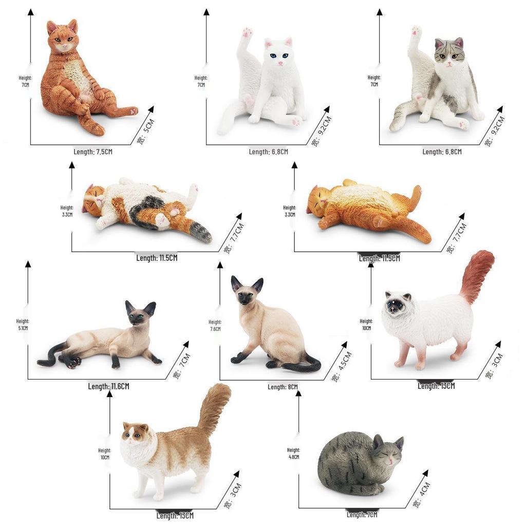 Children's Kitten Model Set: Ragdoll Cat, Lazy Orange Cat, Paw-Up Grey Cat, Sleeping Calico Cat, Lying Siamese Cat Figurines.