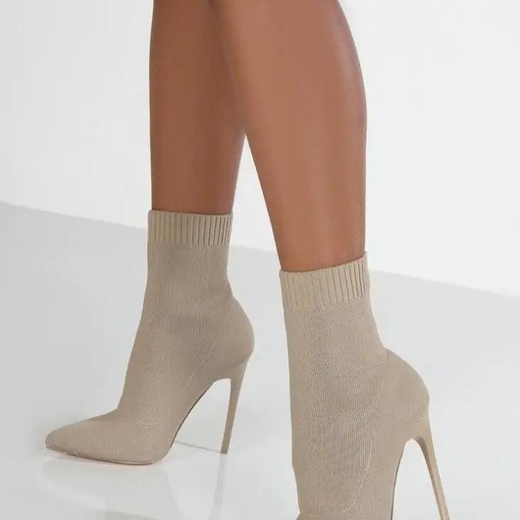Мода Осень 2024 новые вязаные эластичные сапоги средние высокие каблуки короткие сапоги большие размеры шпильки высокие каблуки сапоги