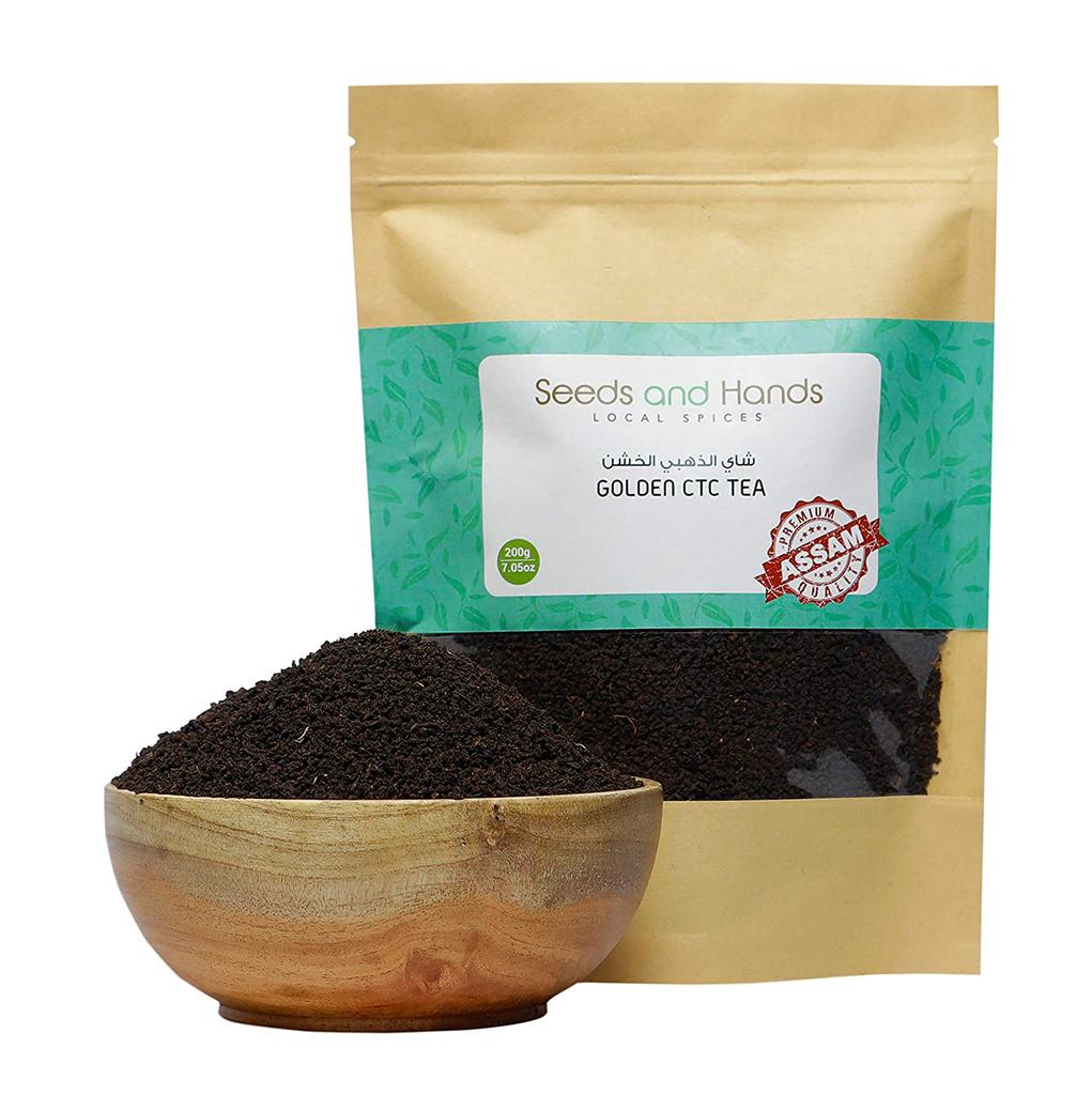 Assam Black Granulated Tea (200 G), Assam Golden CTC Tea Granules, Seeds and Hands