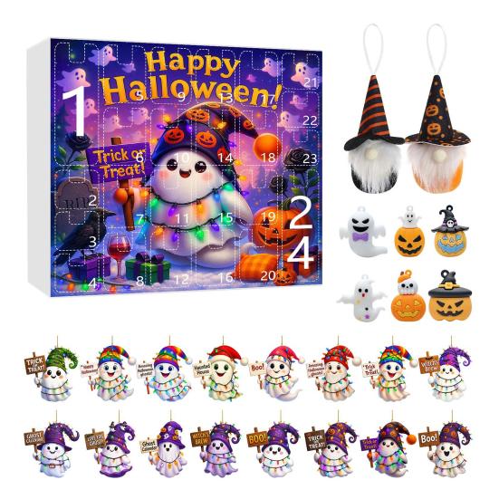 Хэллоуин Адвент-календарь 2025 24-дневный календарь обратного отсчета с акриловыми украшениями в виде призрака/гнома/тыквы для помещения