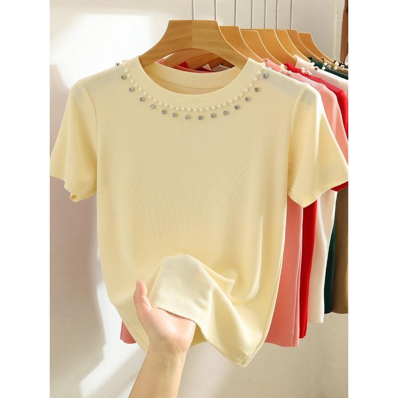 Women's Summer Short Sleeve Knitted T-shirt New Fashion O Neck Beaded Knit Elegant Short Top Female Casual Simple Solid Color Ladies Tshirt 3112