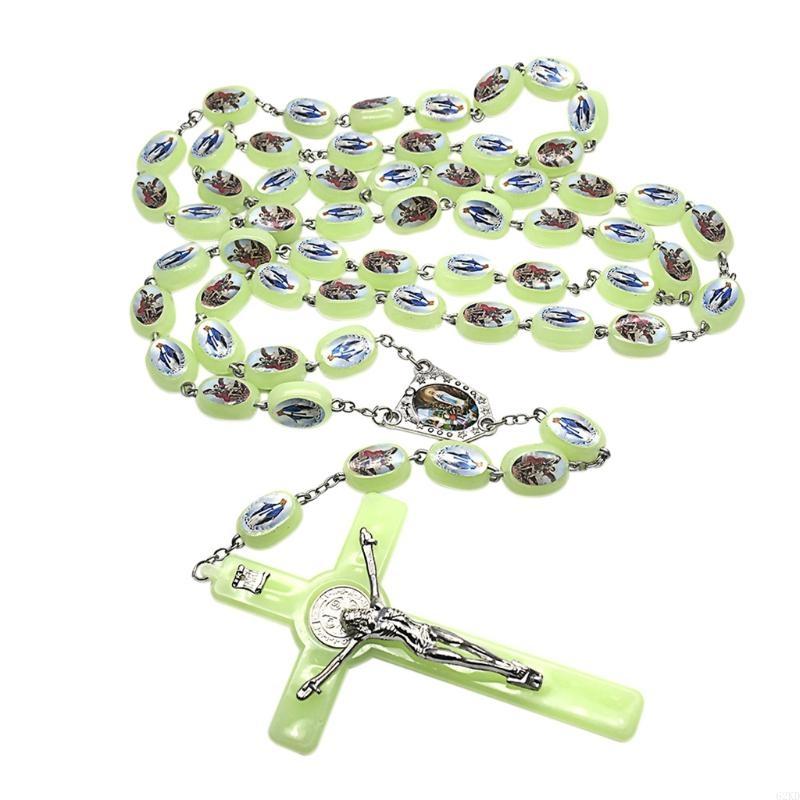 62KD Catholic Angel Virgin Mary Luminous Rosary Religious Beads Wall Hanging Rosary for Cross Pendant Necklace Glow In The Da