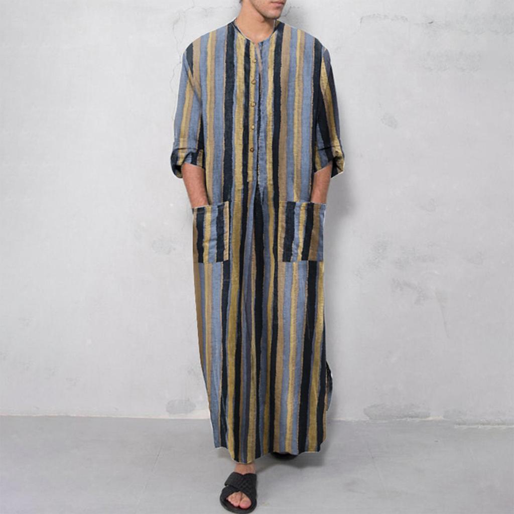 Летняя мужская мусульманская одежда, свободный халат, полосатая рубашка на пуговицах