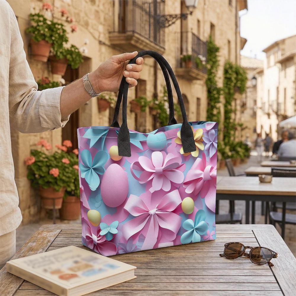 Easter Floral Tote Bag Cute Bow Decor Casual Shoulder Bag for Women Daily Shopping Outing Portable Handbag