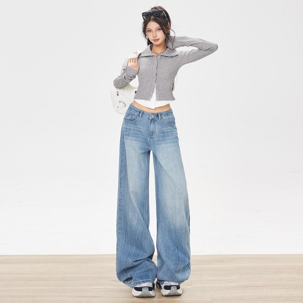 American light blue wide-leg jeans women's autumn new high-waisted loose bamboo joint pattern straight mopping pants