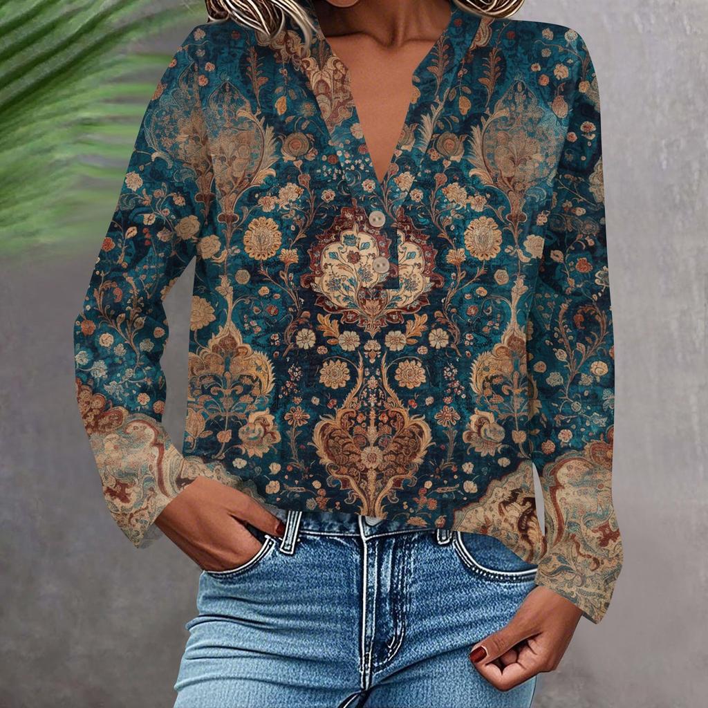 Women's Fashionable And Casual Shirt Long Sleeve V-neck Button Printed Blouse Top